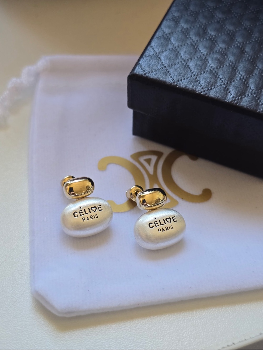 Vintage Silver & Gold-Tone Céline Paris Logo Drop Clip Earrings
